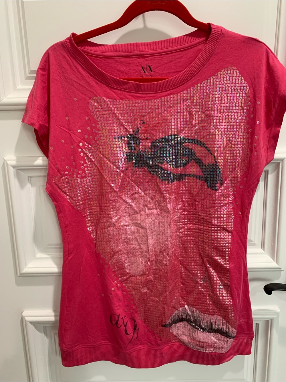 Armani Exchange Hot Pink Sequin Graphic Short Sleeve Tee